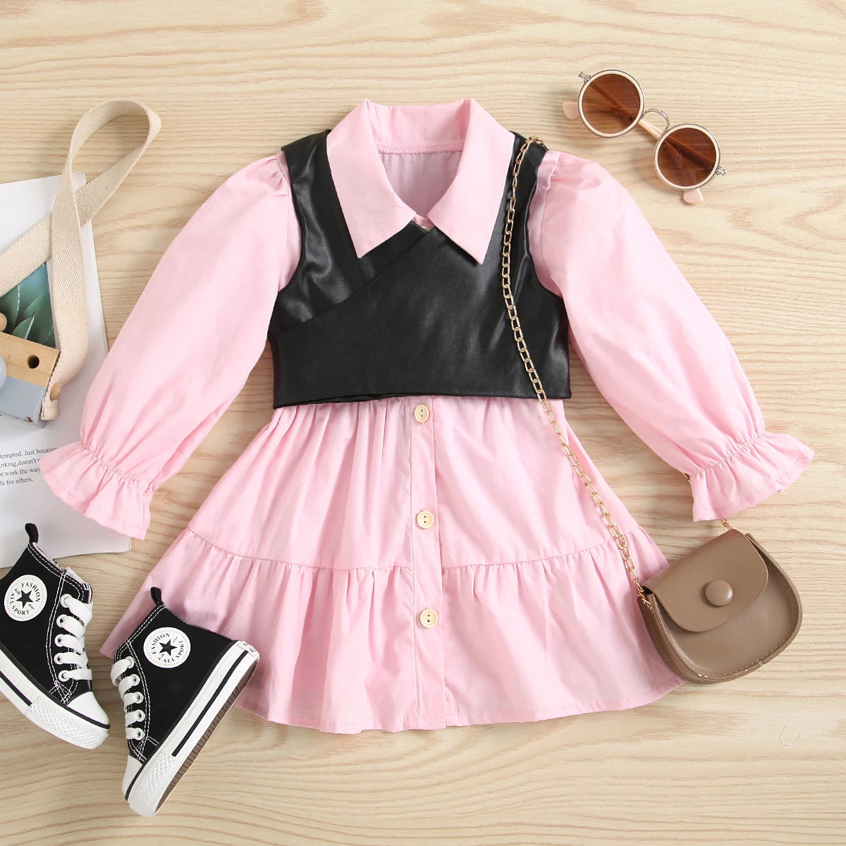 Kids Girls Dress 2pcs Outfits 1-6Y - Solid Single Breasted Shirts Dress with PU Leather Vest