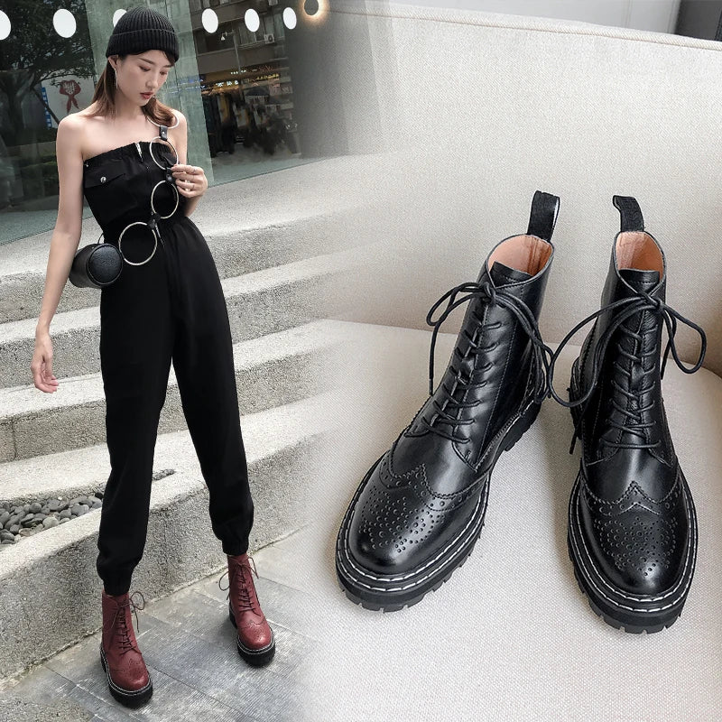 Women Hollow Out Flowers Brogues Platformed Marten Genuine Leather Boots