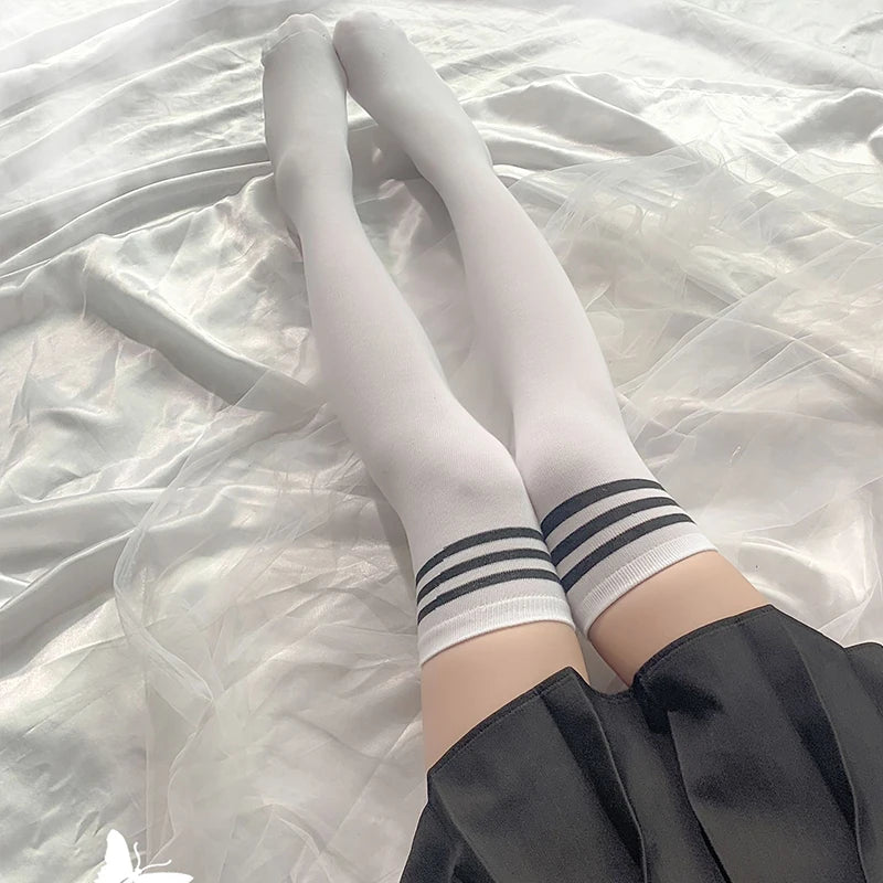 Women's Black White Striped Long Socks - Over Knee Thigh High Over The Knee Stockings Warm Knee Socks