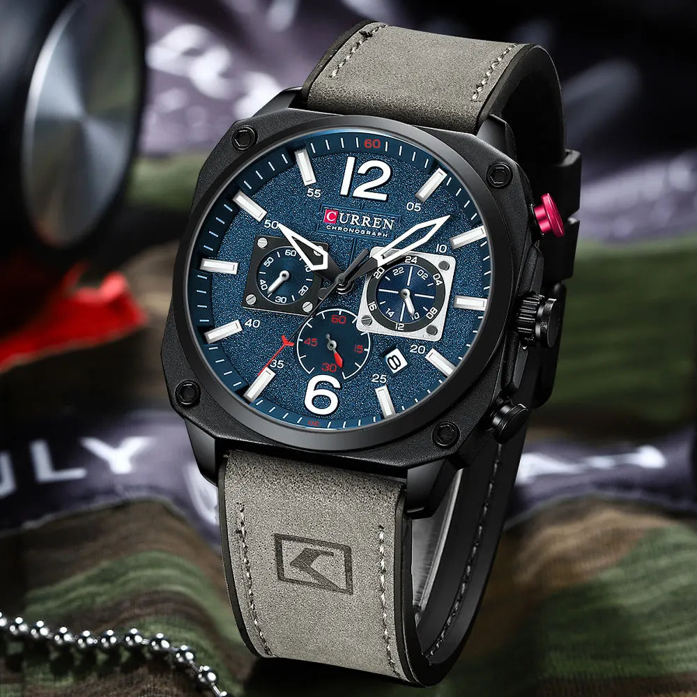 Men's Military Sports Watch - Leather Strap Chronograph Quartz