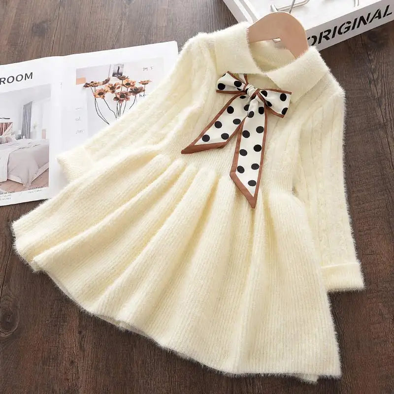 Children's Girl's  Thick Collar Sweater Spotted Bow Collar Pleated Knit Dress