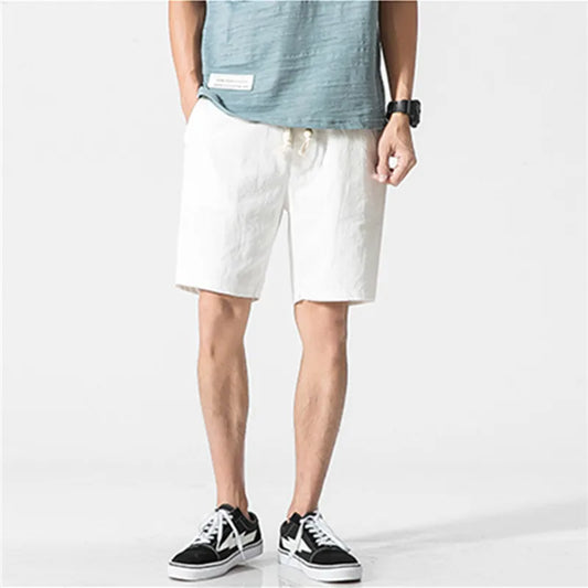 Men Cotton Linen Casual  Summer Breathable Comfortable Drawstring Soft Shorts