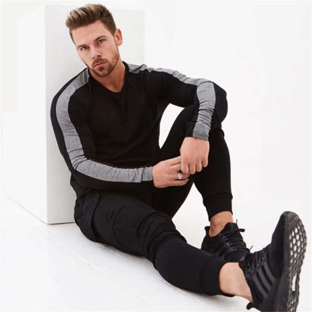 Long Sleeve Sport  Gym Shirt - Men Rushgard Running Cotton Stripe Fitness T Shirt