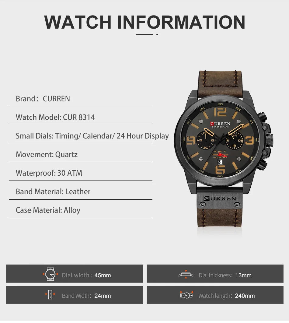 Men's Military Sports Watch - Chronograph Waterproof with Genuine Leather Strap