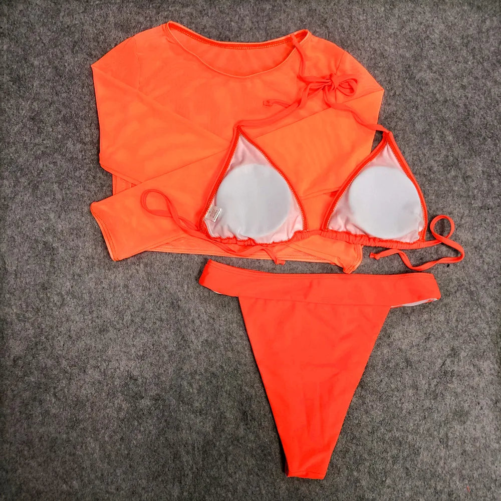 Neon Crop Top Mesh Long Sleeve Cover Ups Top Three Piece Swimsuit Bikini Set