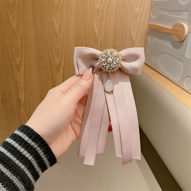 Ribbon Fabric Bow Tie Brooch - Crystal College Style Collar Pin