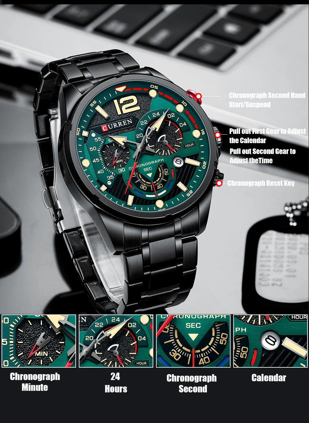 Premium Green Stainless Steel Quartz Watch - Waterproof Sport Chronograph