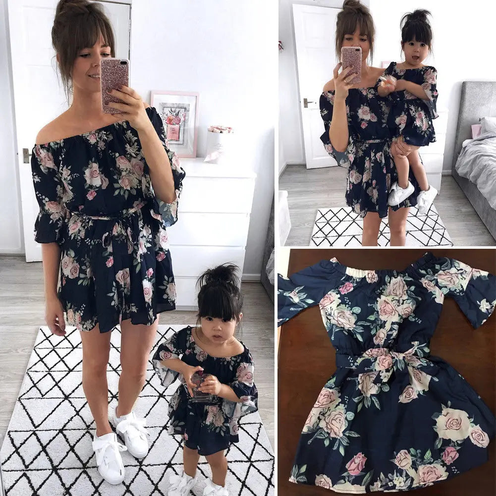 Mother and Daughter Matching Girls Floral Summer Off Shoulder A-Line Dress Outfit