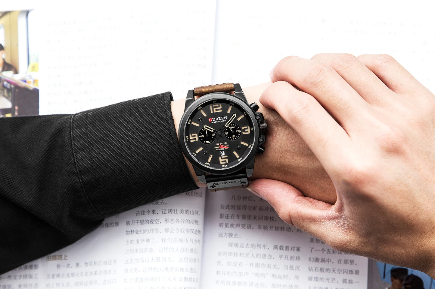Men's Military Sports Watch - Chronograph Waterproof with Genuine Leather Strap