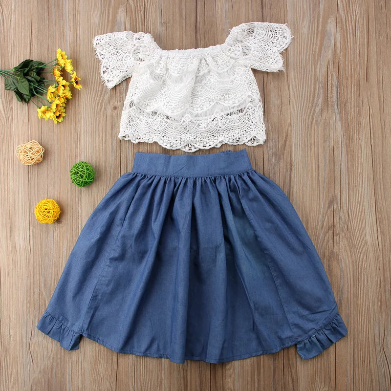 3PCS Princess Toddler Girls Sets -  Off Shoulder Lace Floral White T-Shirts Tops Blue Denim Shorts Ankle-Length Dress