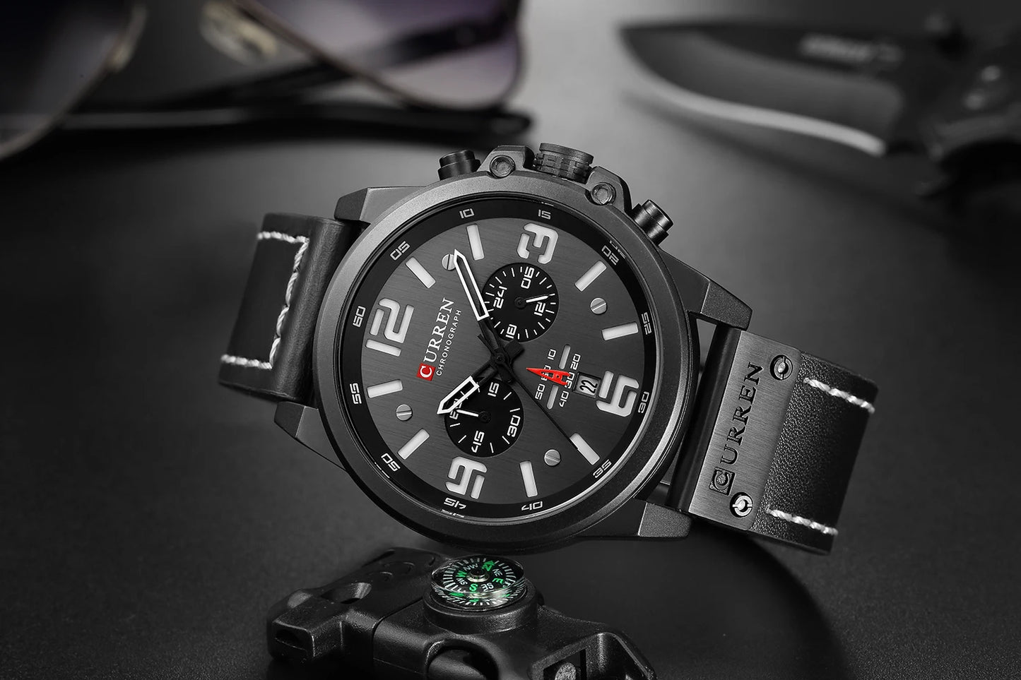 Men's Military Sports Watch - Chronograph Waterproof with Genuine Leather Strap