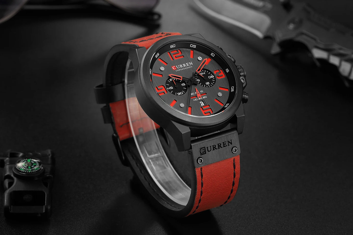 Men's Military Sports Watch - Chronograph Waterproof with Genuine Leather Strap