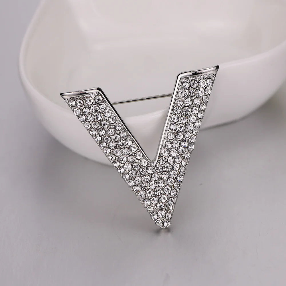 Women's Minimalist Crystal New Letter V Brooch Pin - Rhinestone Triangle Brooches and Pins