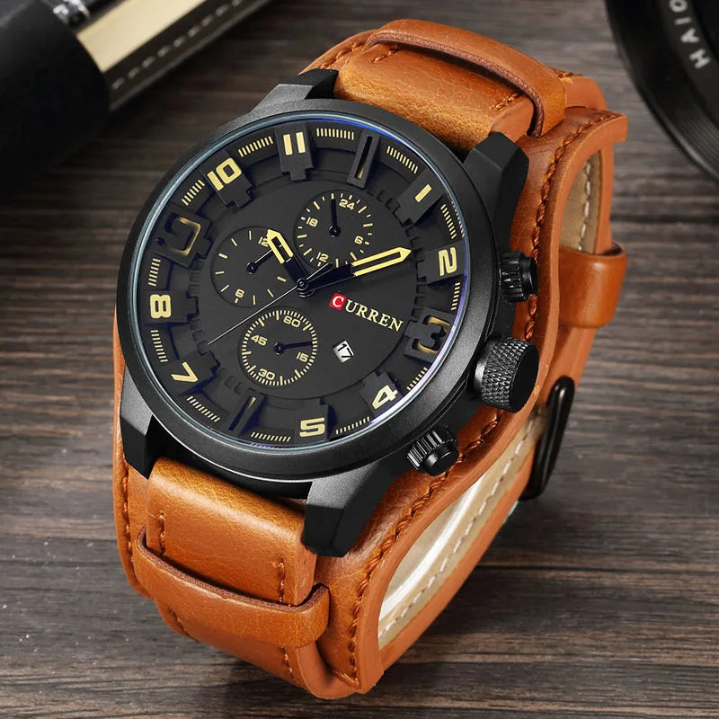 Men's Leather Strap Quartz Watch - Casual Sports Wristwatch with Date Display