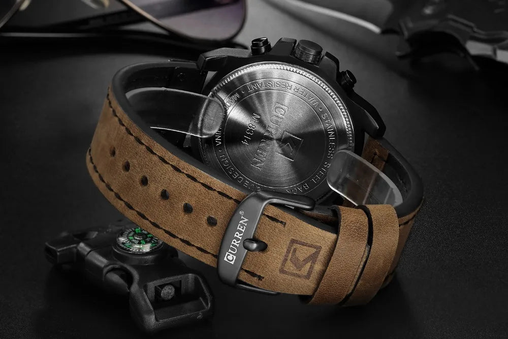 Men's Military Sports Watch - Chronograph Waterproof with Genuine Leather Strap