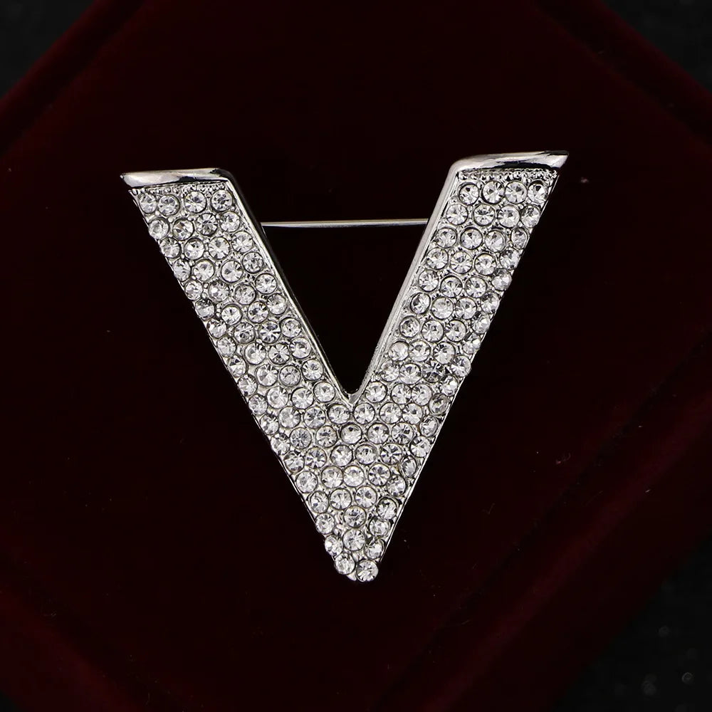 Women's Minimalist Crystal New Letter V Brooch Pin - Rhinestone Triangle Brooches and Pins