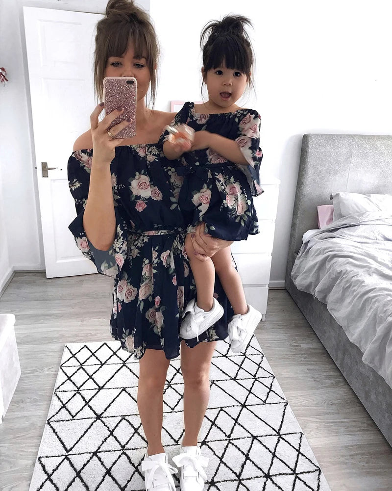 Mother and Daughter Matching Girls Floral Summer Off Shoulder A-Line Dress Outfit