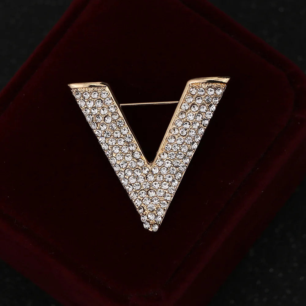 Women's Minimalist Crystal New Letter V Brooch Pin - Rhinestone Triangle Brooches and Pins