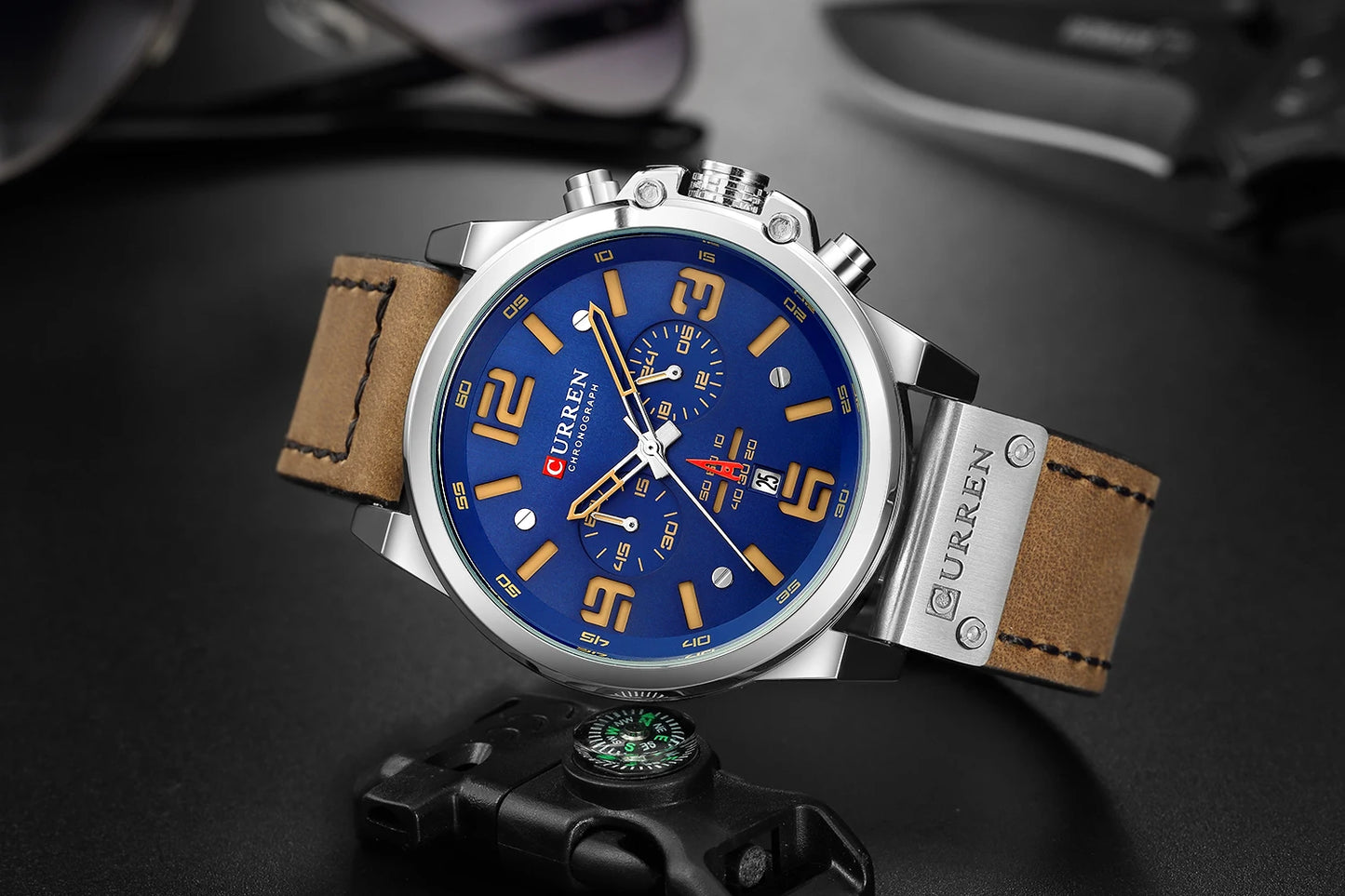 Men's Military Sports Watch - Chronograph Waterproof with Genuine Leather Strap
