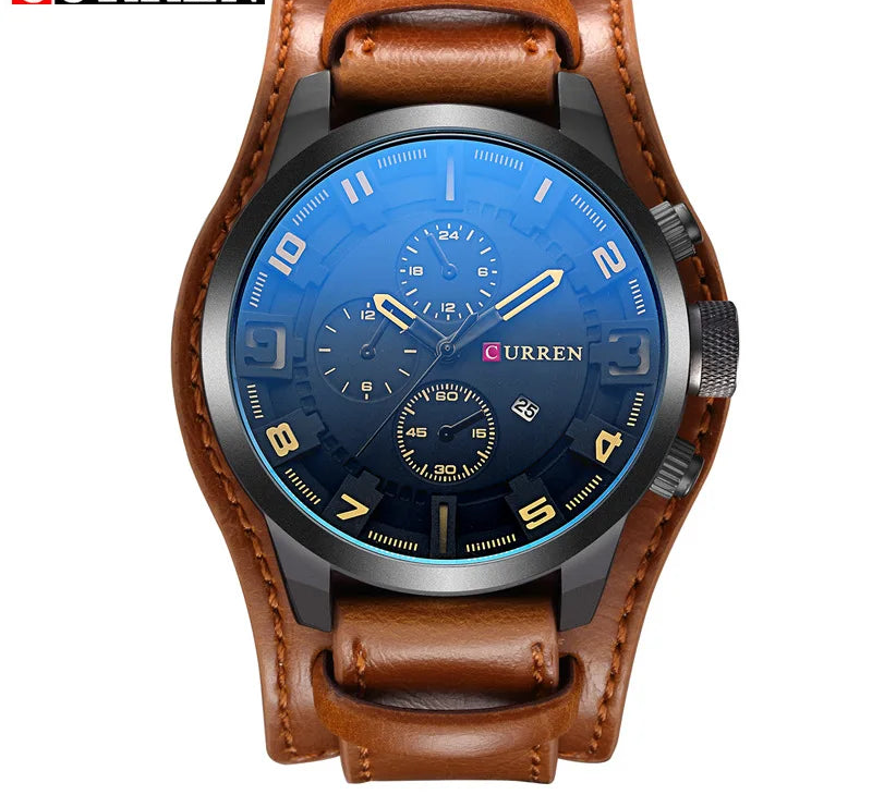 Men's Leather Strap Quartz Watch - Casual Sports Wristwatch with Date Display