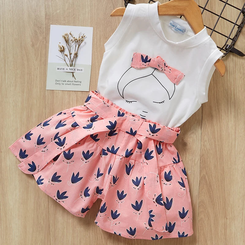 Children's Chiffon Flowers Blue T-shirt Pants Girls Clothing Sets Kids Summer Set for 3-7 Years