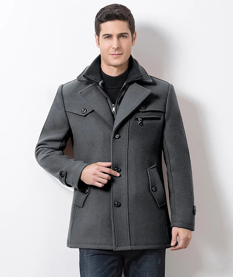 Men's Wool Medium Trench Thicken Windbreaker Overcoat Jacket