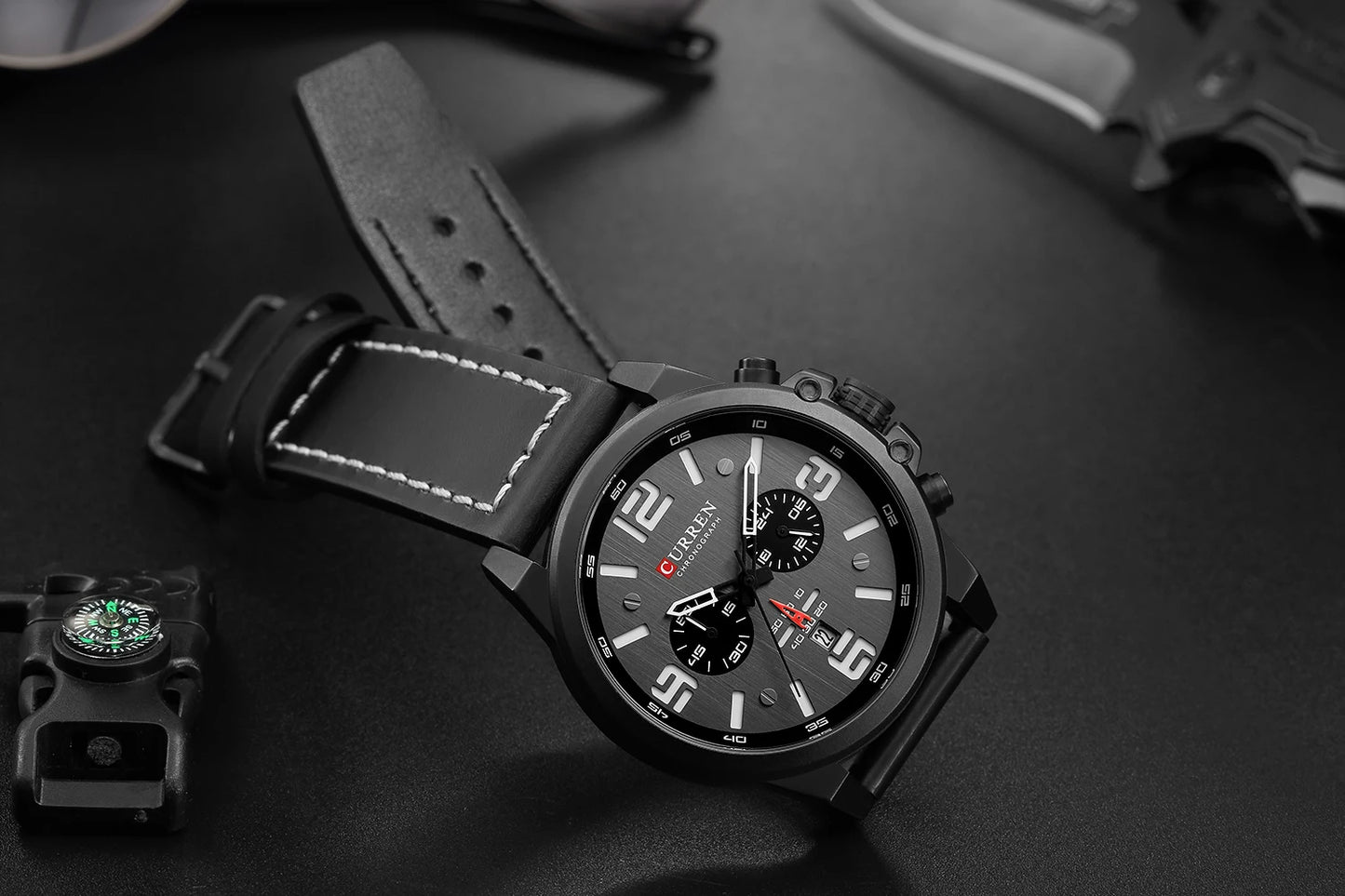 Men's Military Sports Watch - Chronograph Waterproof with Genuine Leather Strap