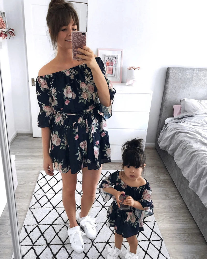 Mother and Daughter Matching Girls Floral Summer Off Shoulder A-Line Dress Outfit