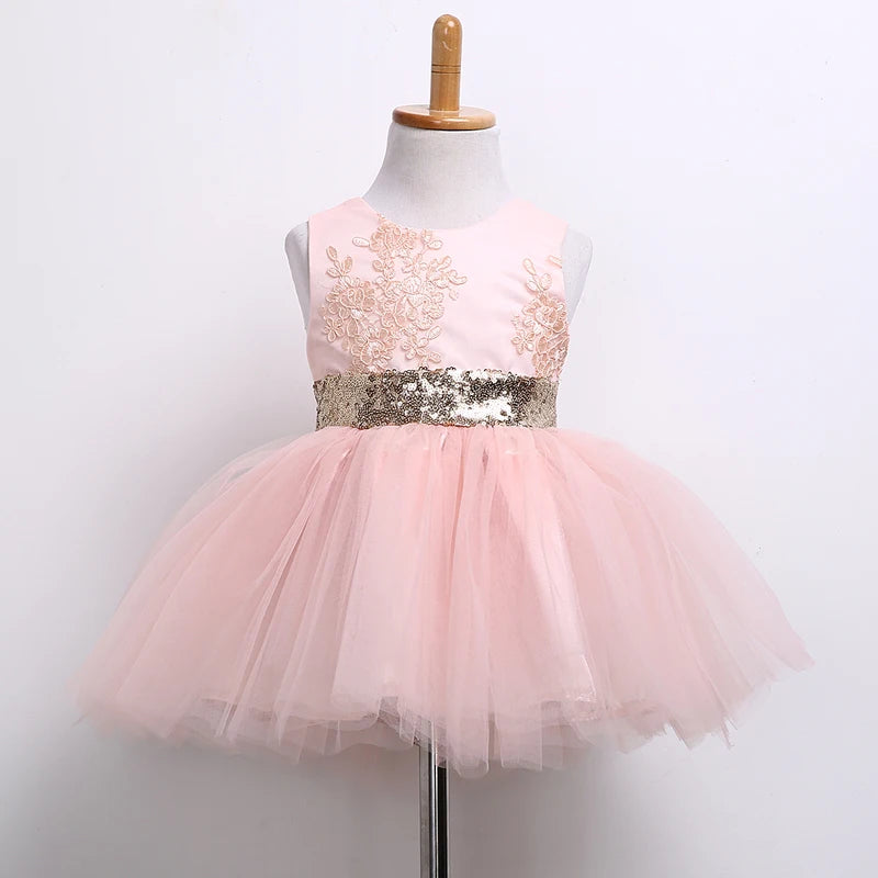 Toddler Baby Girls Sleeveless O-Neck Sequined Floral Solid Lace Tutu Dress 0-10Y