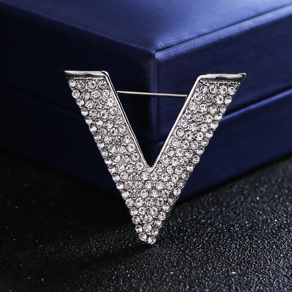 Women's Minimalist Crystal New Letter V Brooch Pin - Rhinestone Triangle Brooches and Pins