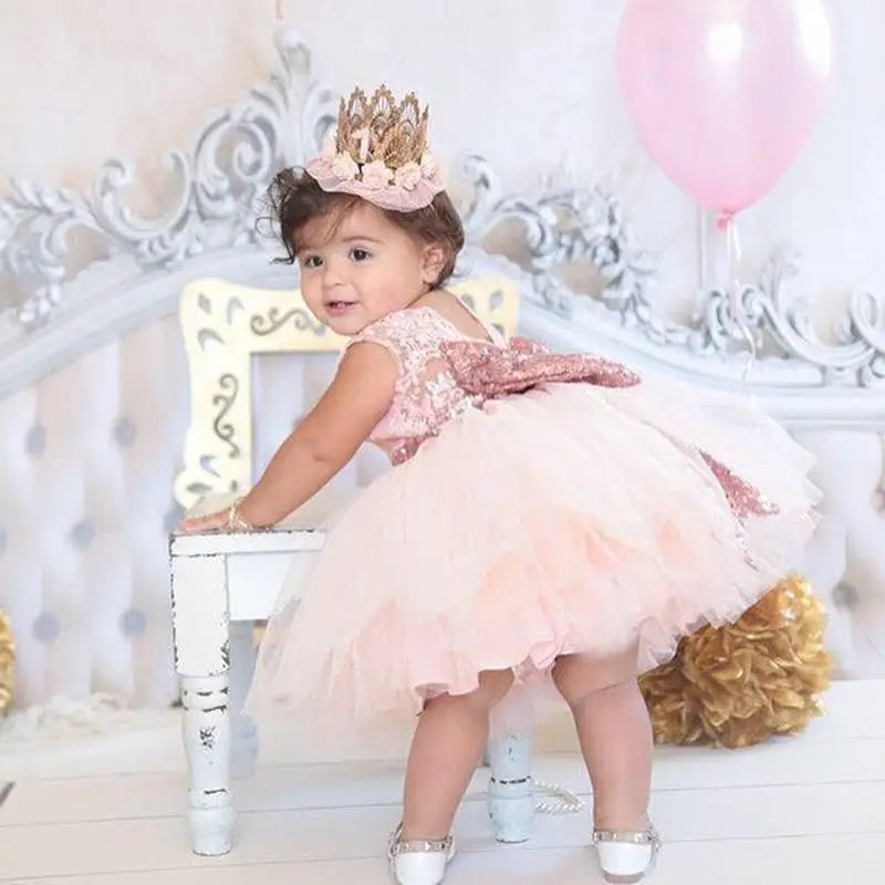 Toddler Baby Girls Sleeveless O-Neck Sequined Floral Solid Lace Tutu Dress 0-10Y