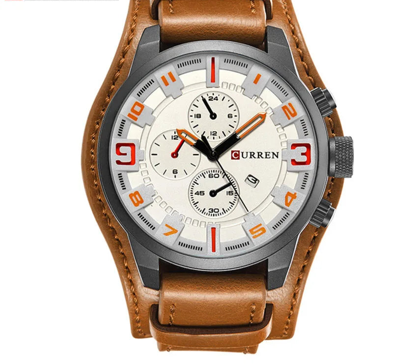 Men's Leather Strap Quartz Watch - Casual Sports Wristwatch with Date Display