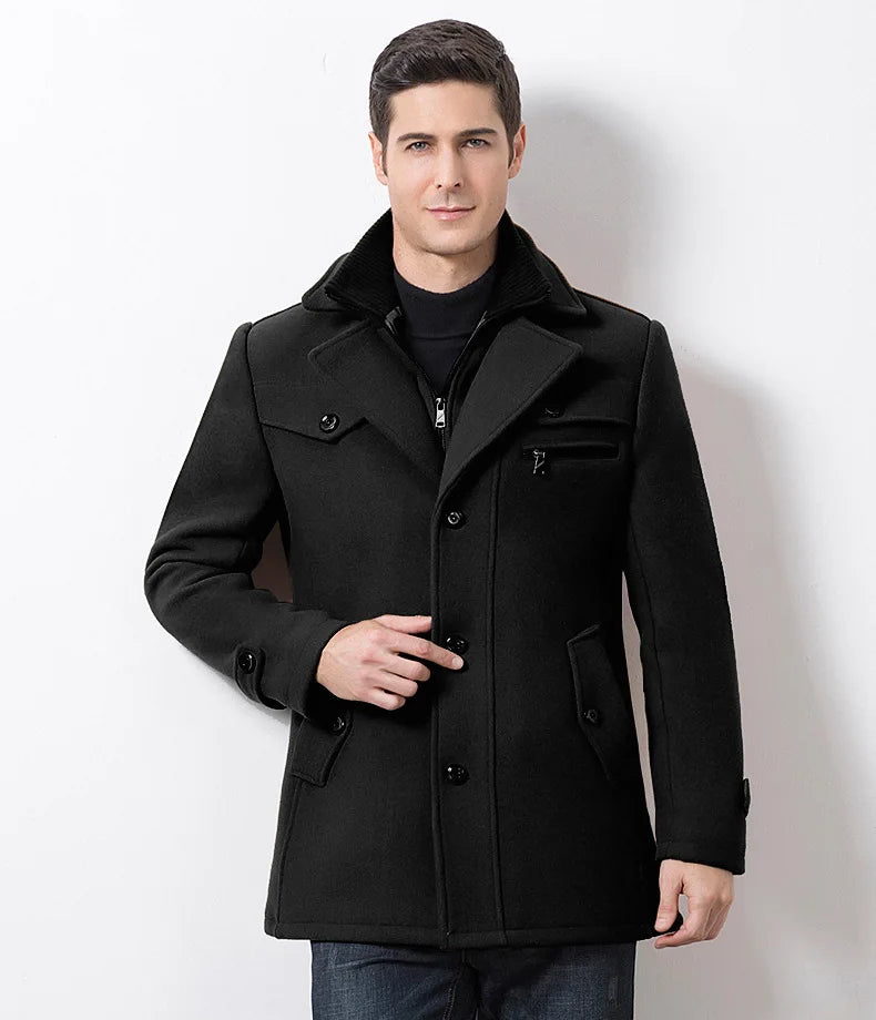 Men's Wool Medium Trench Thicken Windbreaker Overcoat Jacket