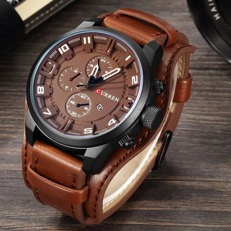 Men's Leather Strap Quartz Watch - Casual Sports Wristwatch with Date Display