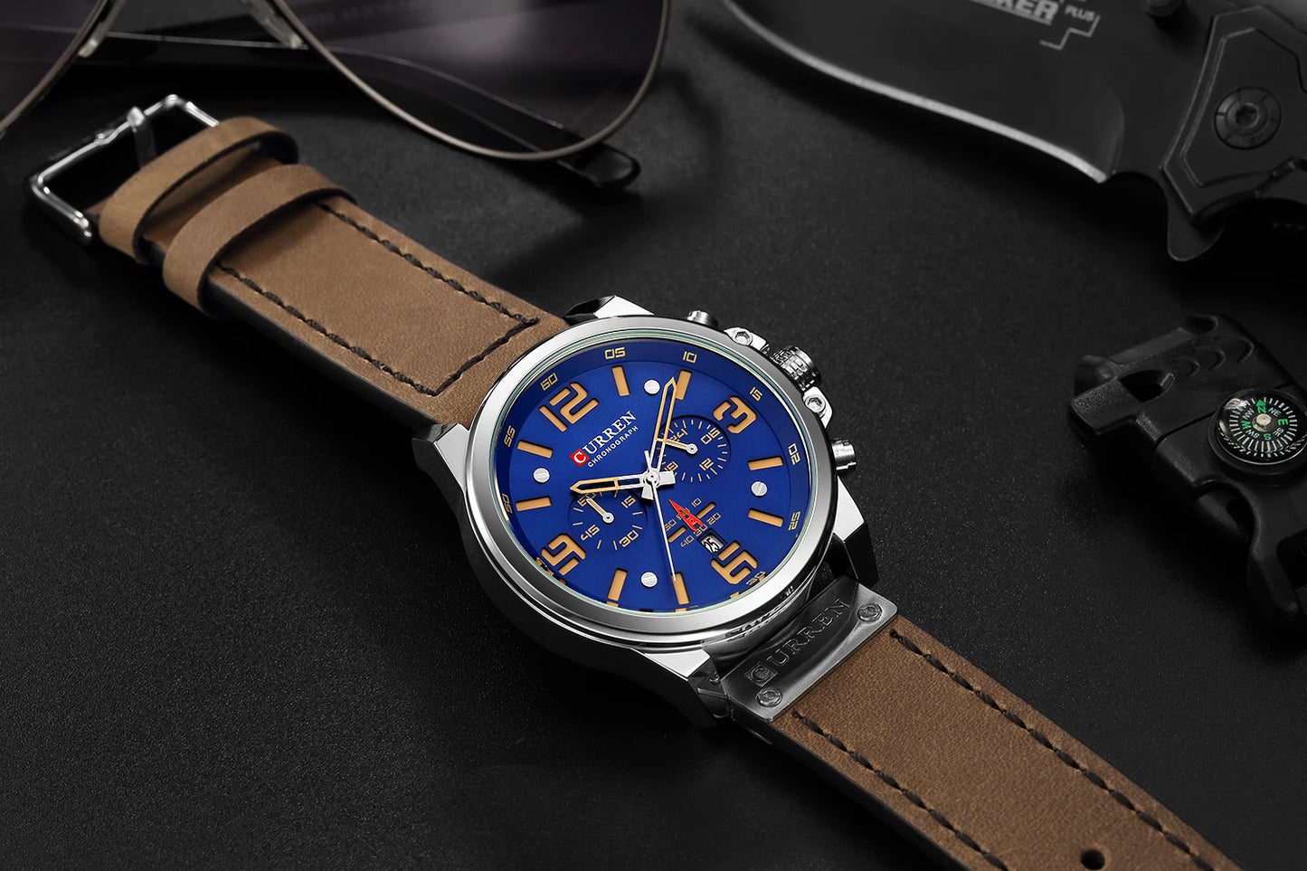 Men's Military Sports Watch - Chronograph Waterproof with Genuine Leather Strap