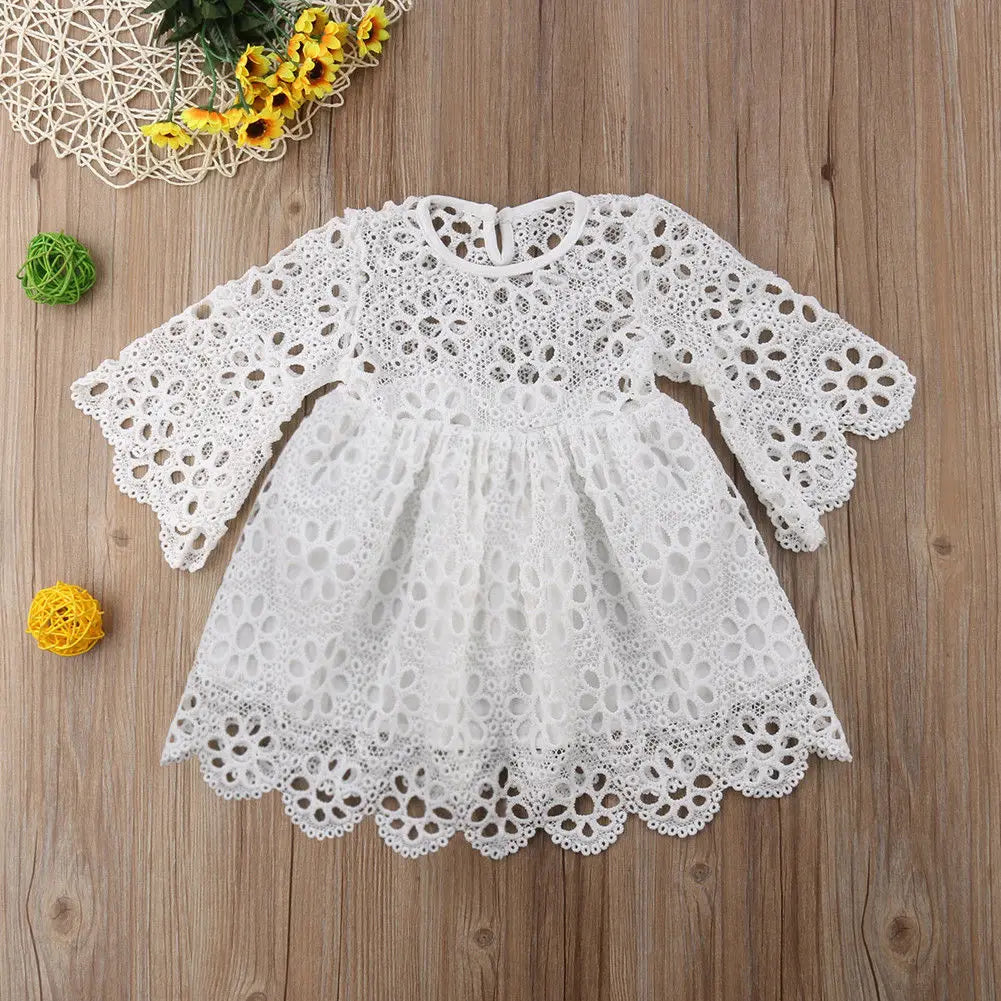 Matching Mother & Daughter Clothes Parent-child Floral Lace Dress Long Flare Sleeve White Lace Flowers A-Line Knee-Length Dress