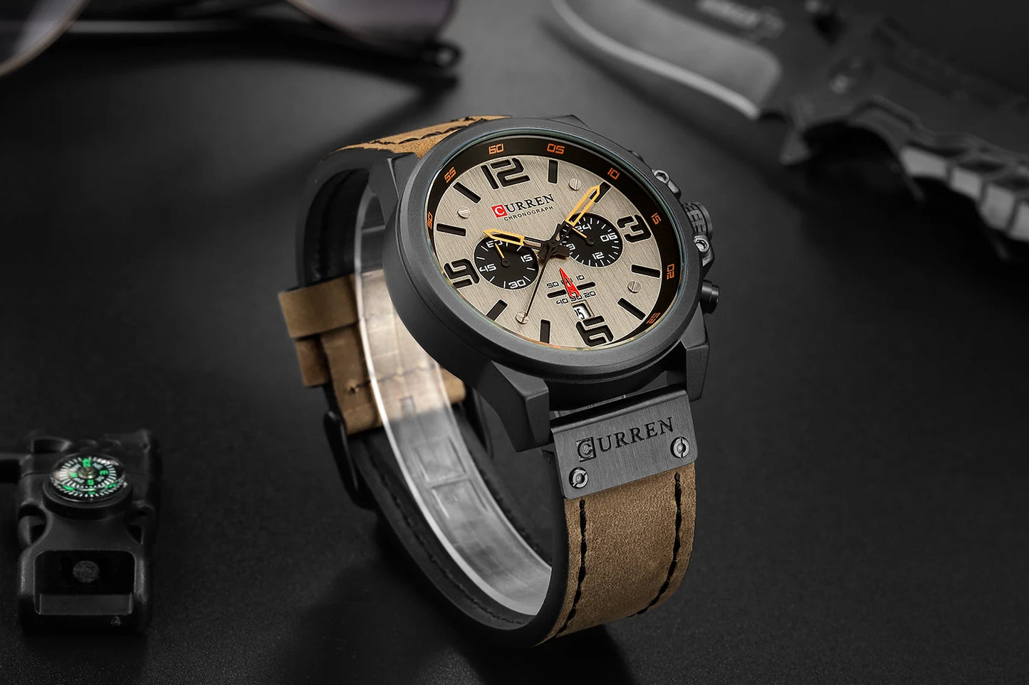 Men's Military Sports Watch - Chronograph Waterproof with Genuine Leather Strap