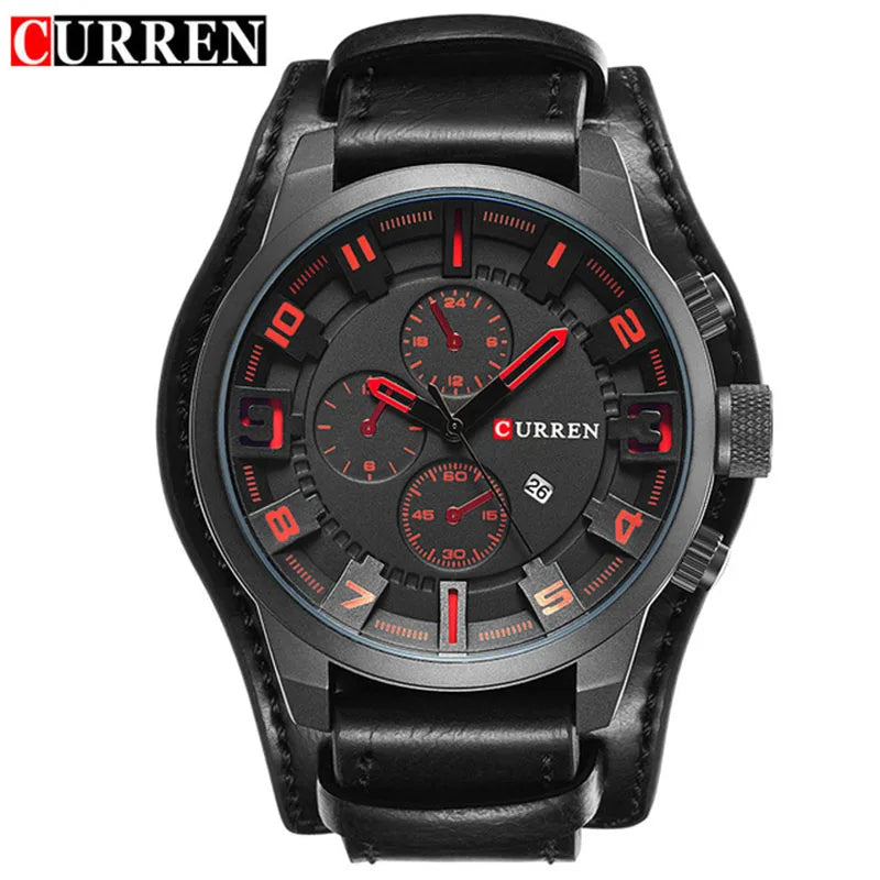 Men's Leather Strap Quartz Watch - Casual Sports Wristwatch with Date Display