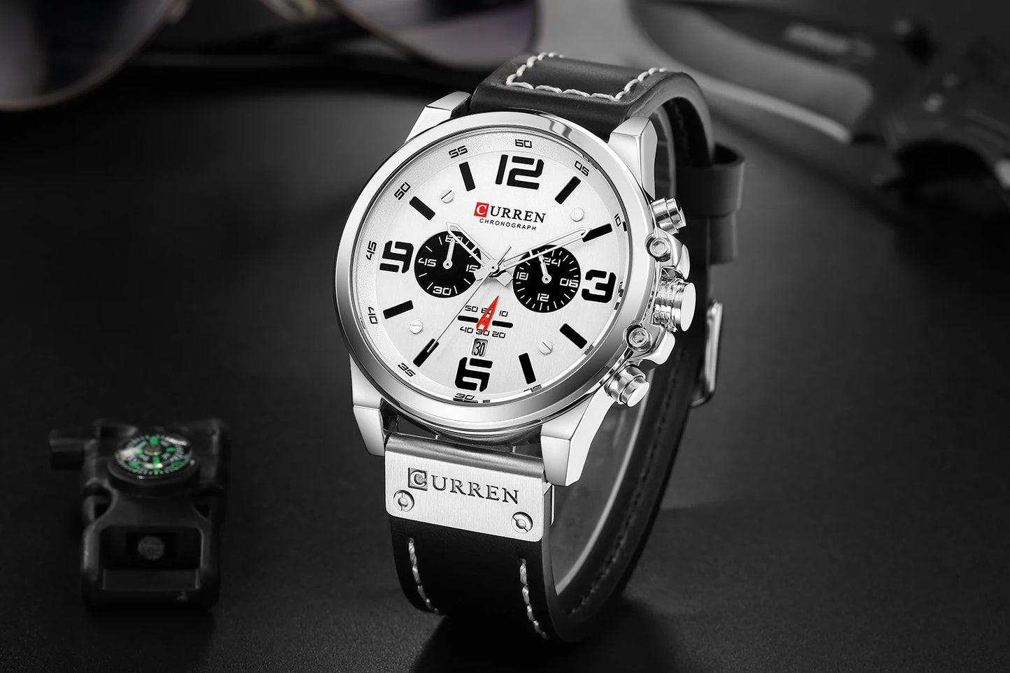 Men's Military Sports Watch - Chronograph Waterproof with Genuine Leather Strap