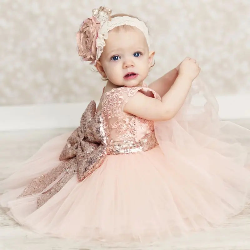 Toddler Baby Girls Sleeveless O-Neck Sequined Floral Solid Lace Tutu Dress 0-10Y