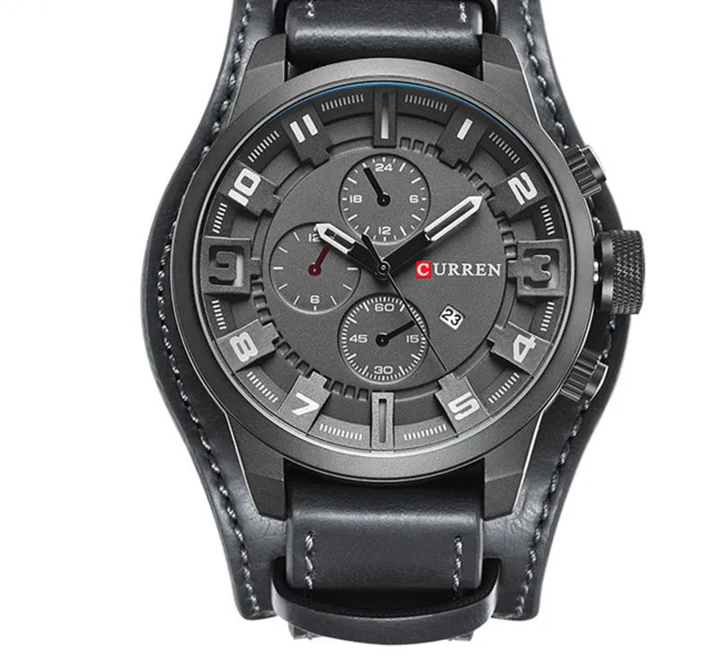 Men's Leather Strap Quartz Watch - Casual Sports Wristwatch with Date Display