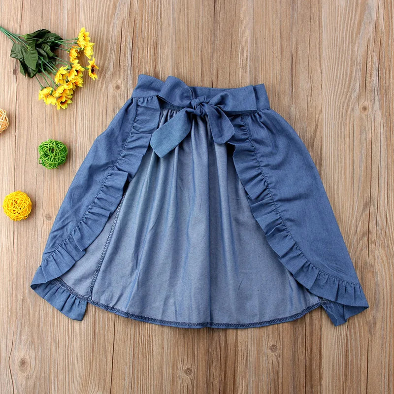 3PCS Princess Toddler Girls Sets -  Off Shoulder Lace Floral White T-Shirts Tops Blue Denim Shorts Ankle-Length Dress