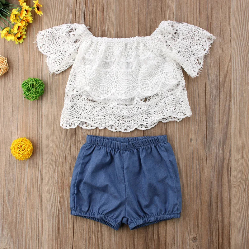 3PCS Princess Toddler Girls Sets -  Off Shoulder Lace Floral White T-Shirts Tops Blue Denim Shorts Ankle-Length Dress