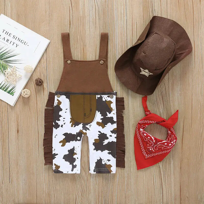 3-24M Newborn Baby Boy Outfits Clothes Sets Print Sleeveless Romper Jumpsuit Top Scarf Hat 3pcs Set