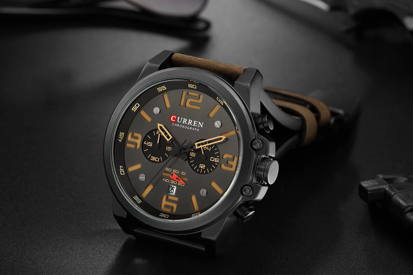 Men's Military Sports Watch - Chronograph Waterproof with Genuine Leather Strap