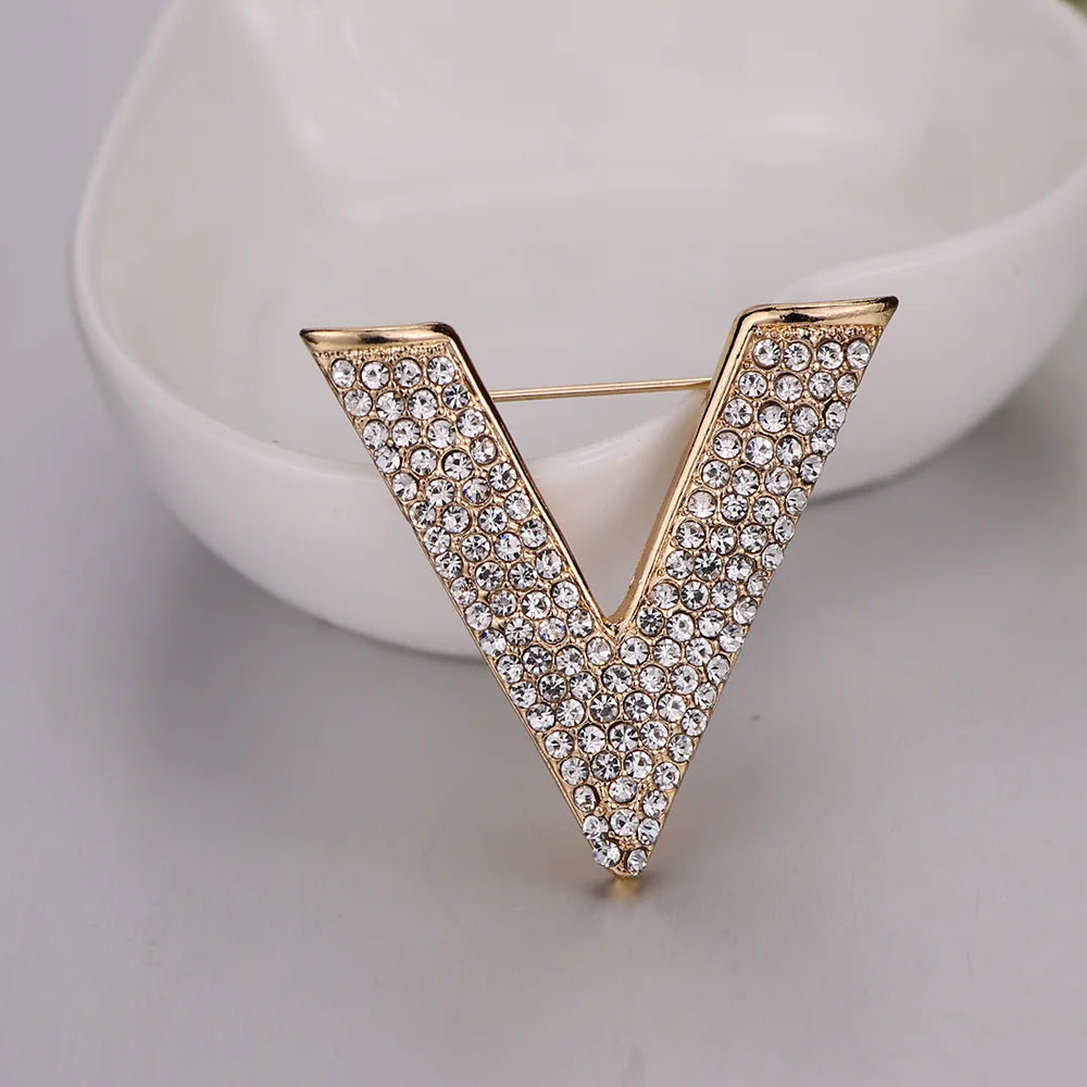 Women's Minimalist Crystal New Letter V Brooch Pin - Rhinestone Triangle Brooches and Pins