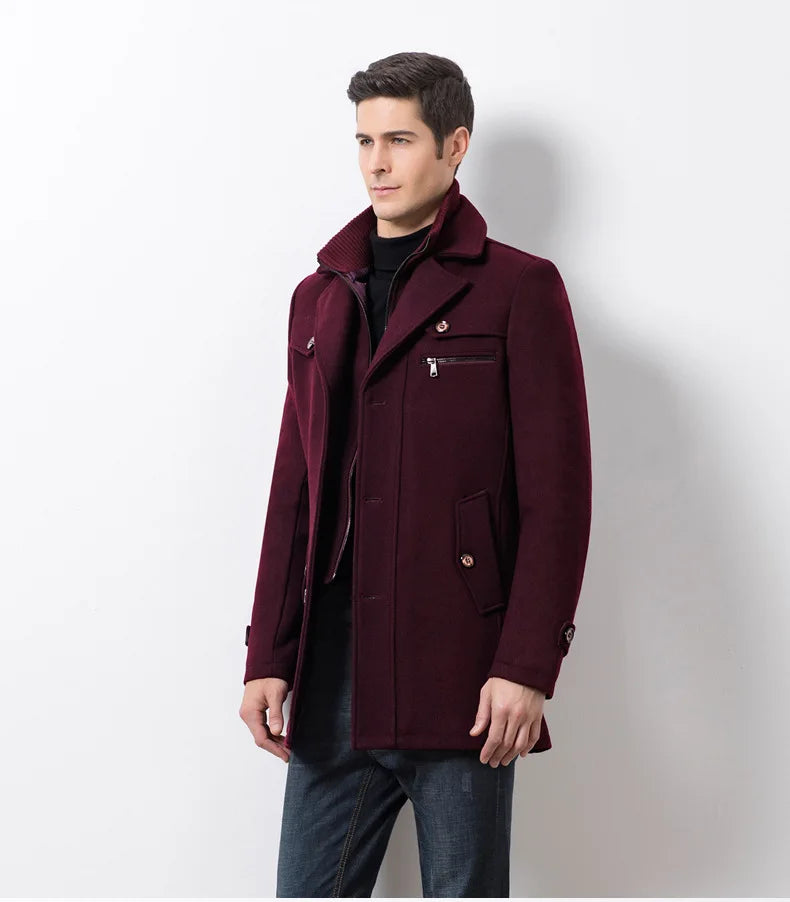 Men's Wool Medium Trench Thicken Windbreaker Overcoat Jacket