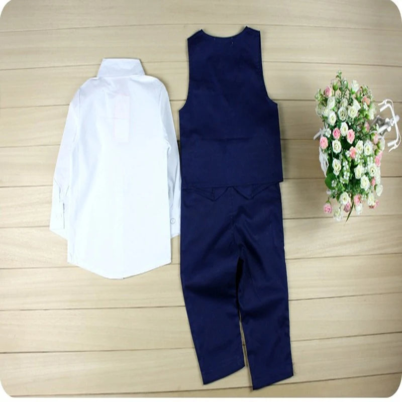 Toddler Kids Boys Long Sleeve White Shirts Blue Jacket Tops Waistcoat Trousers Tie Formal Suit Outfits 4Pcs Set