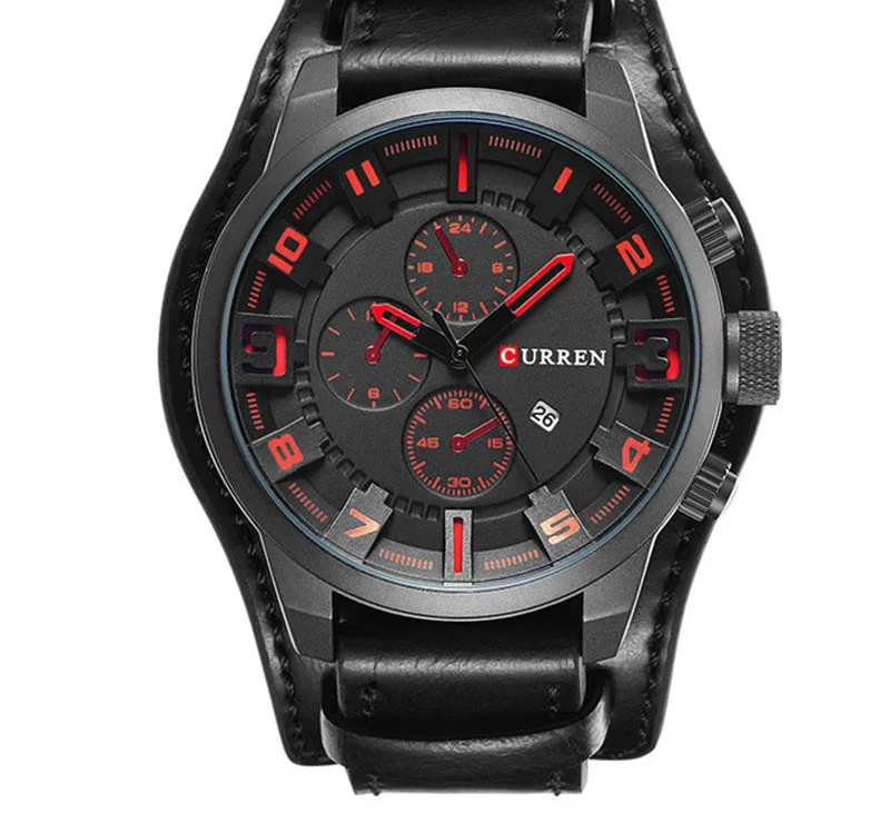 Men's Leather Strap Quartz Watch - Casual Sports Wristwatch with Date Display