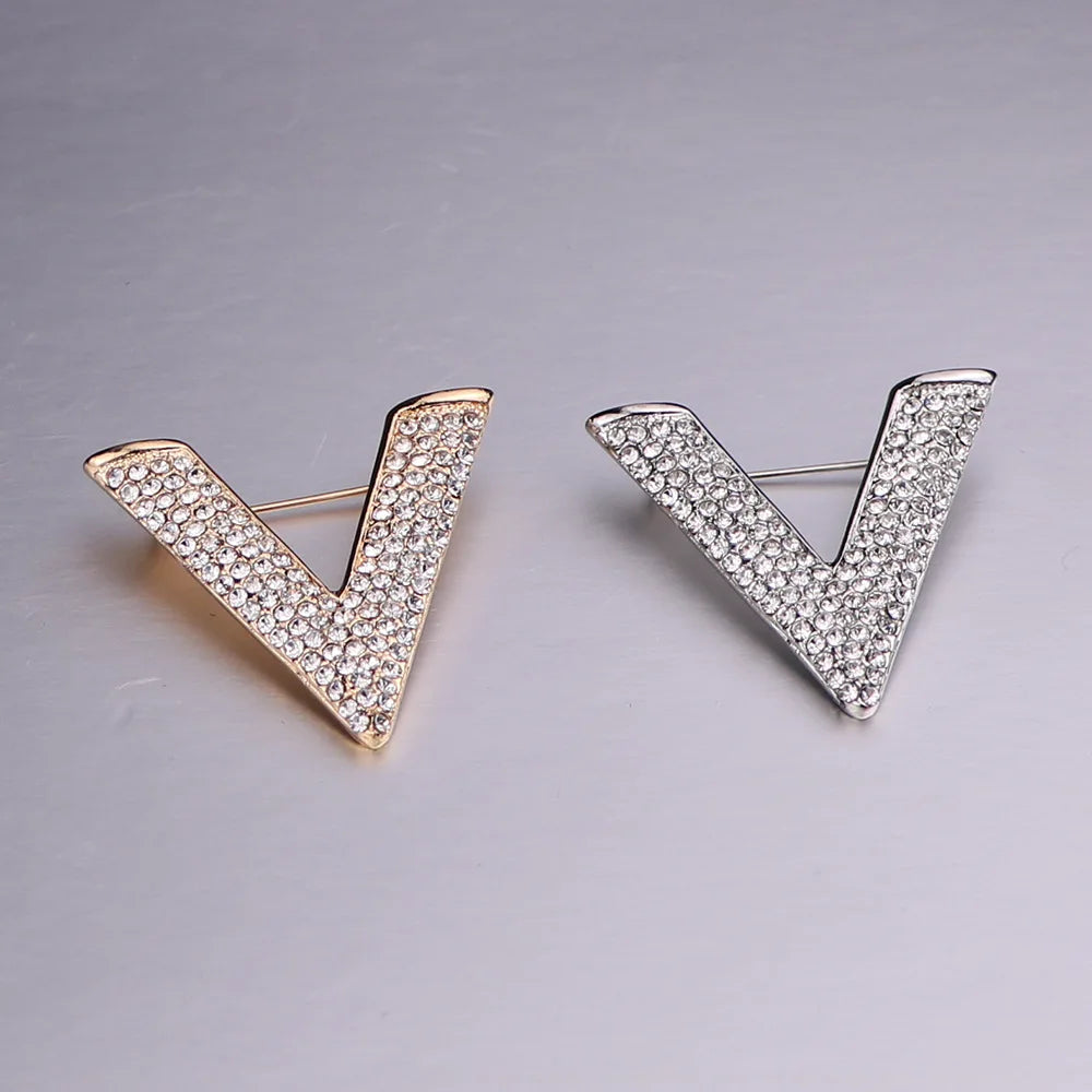 Women's Minimalist Crystal New Letter V Brooch Pin - Rhinestone Triangle Brooches and Pins